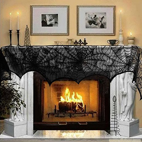 AerWo Halloween Decoration Black Lace Spiderweb Fireplace Mantle Scarf Cover Festive Party Supplies 45 X 243cm 18 x 96 inch halloweenkingdom