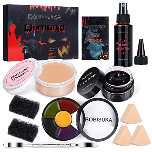 BOBISUKA Special Effects SFX Halloween Makeup Kit - 5 Colors Bruise Makeup Face Body Painting Palette + Scar Wax with Spatula Tool + Fake Blood Splatter Spray + Fake Blood Cream + Stipple Sponges halloweenkingdom