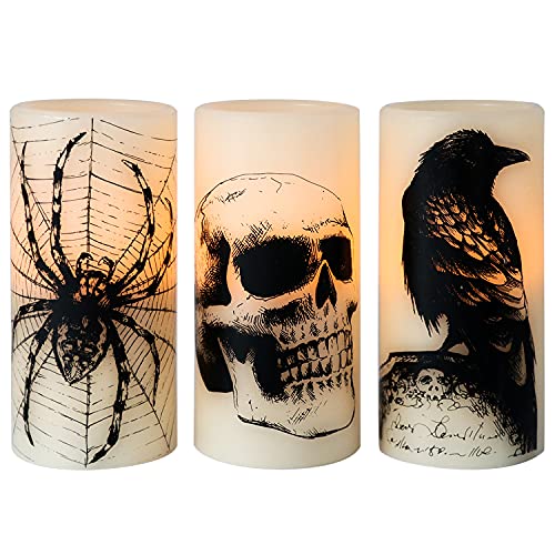 Eldnacele Halloween Flickering Candles with Skull, Spider Web, Crow Raven Decals Set of 3, Battery Operated Halloween Themed LED Candles Horror Spooky Decoration halloweenkingdom