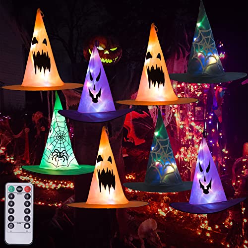 Halloween Witch Hat String Lights Decorations, 8PCS Battery Witch Hat Lights with Remote, 8 Lighting Modes and Timer, Hanging Decor for Outdoor Garden Yard Tree Party-Black Orange Purple Green halloweenkingdom