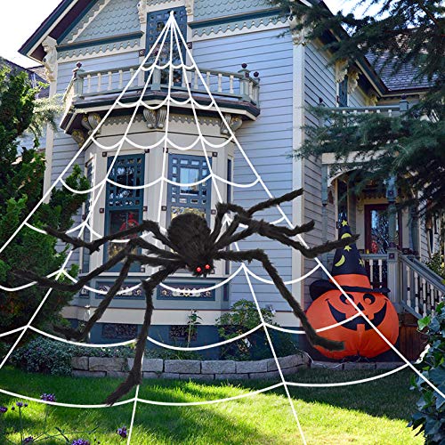 OCATO 200" Halloween Spider Web + 59" Giant Spider Decorations Fake Spider with Triangular Huge Spider Web for Indoor Outdoor Halloween Decorations Yard Home Costumes Parties Haunted House Décor halloweenkingdom