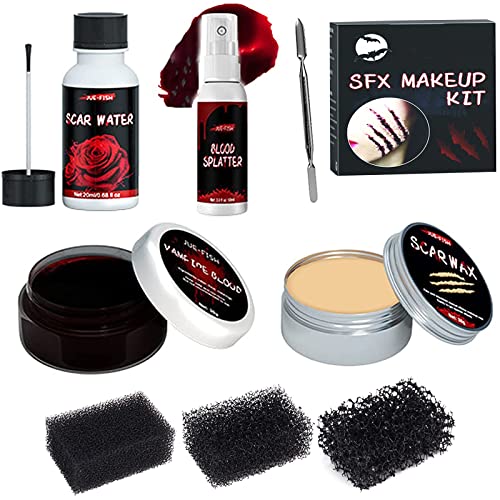 SFX Makeup Kit, Halloween Special Effect Makeup with Professional Scar Wax, Stipple Sponge Puff, Spatula Tool, Fake Blood Spray, Scar Water, Blood Cream for Halloween Party Cosplay Stage halloweenkingdom