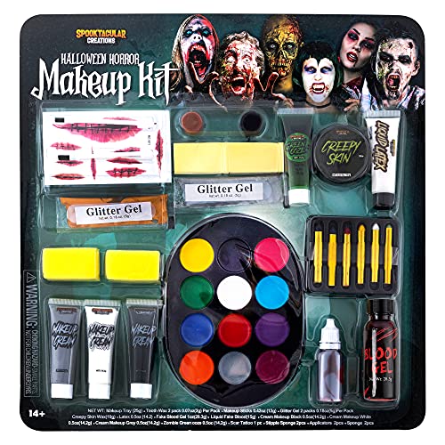 Spooktacular Creations 26 Pcs Halloween Family Makeup Kit, Zombie Makeup, Face Paint with Zombie Green Ooze, Fake Blood Costume Easy On & Easy Off Character Makeup Set for Halloween Party Supplies halloweenkingdom
